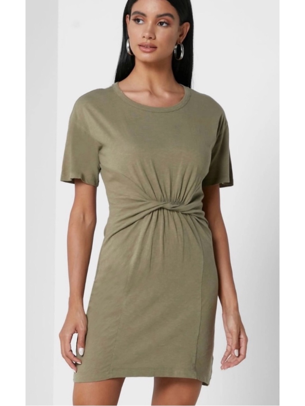 Aerie olive green mini dress features a crew neckline and a twist-knot detail